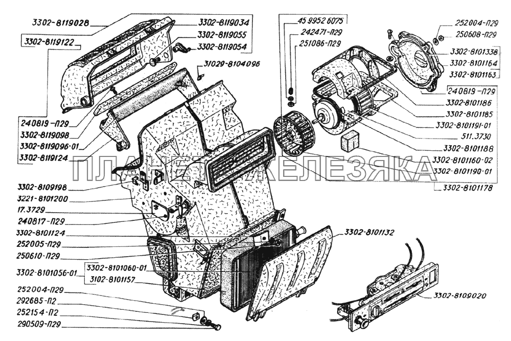 Корпус и верхняя крышка отопителя, радиатор отопителя, электродвигатель с роторами, привод вентиляции и отопления (для автомобилей до 2003 года) ГАЗ-2705 (дв. УМЗ-4215)